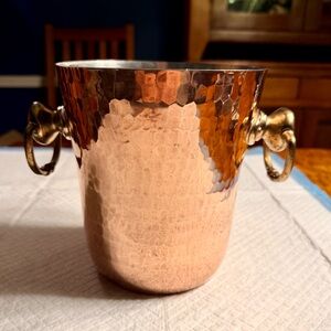 Rare Mauviel Hammered Copper, tin lined Ice Bucket with brass handles.